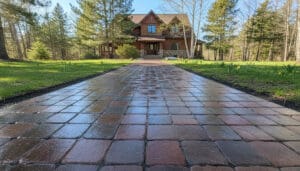 Wet paver driveway leading to a two-story wood cabin surrounded by tall trees and green lawn