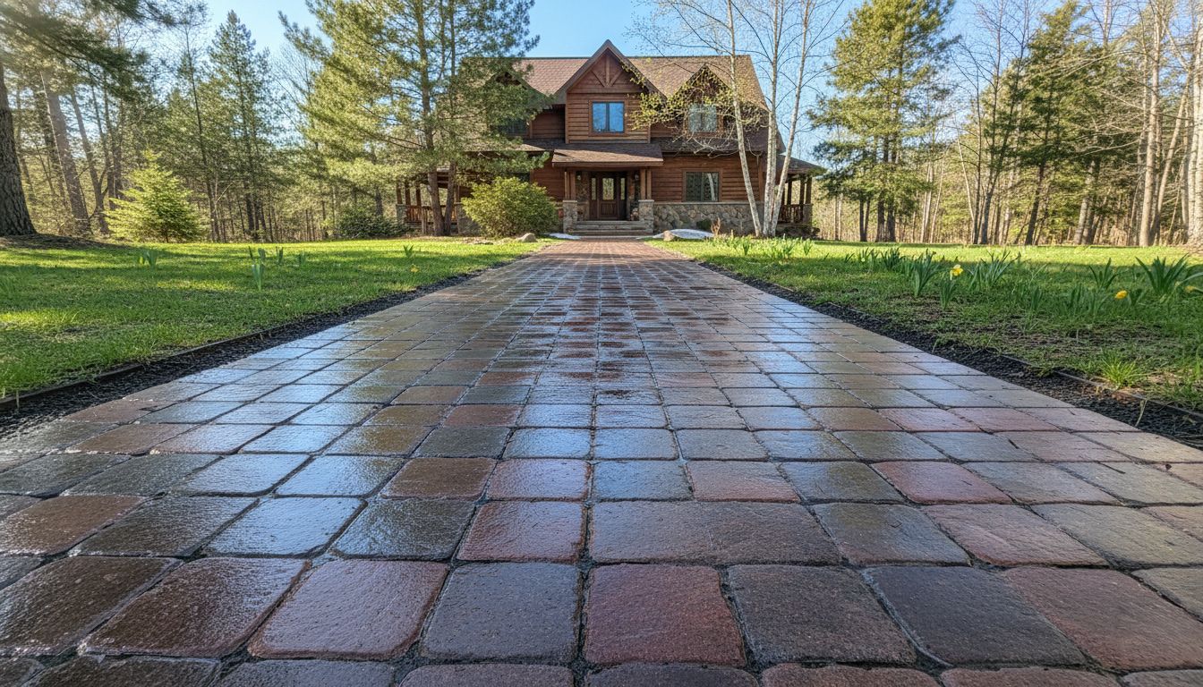 Wet paver driveway leading to a two-story wood cabin surrounded by tall trees and green lawn