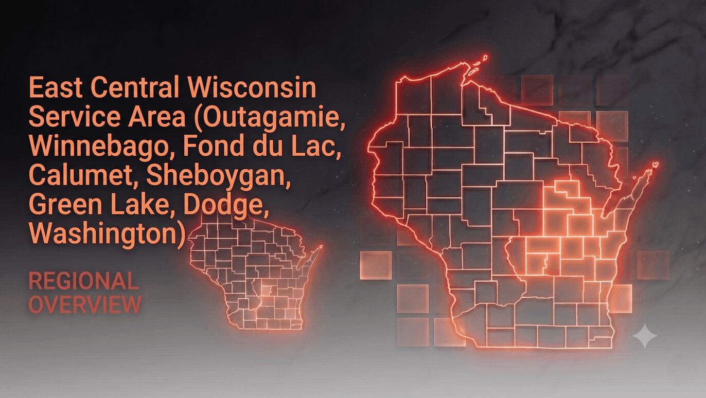 Neon map highlighting East Central Wisconsin service area counties in red against a darker regional overview of Wisconsin and surrounding states