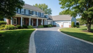 Two-story brick and siding home with columned front porch, white garage doors, curved paver driveway, and mature landscaping in suburban Cincinnati neighborhood