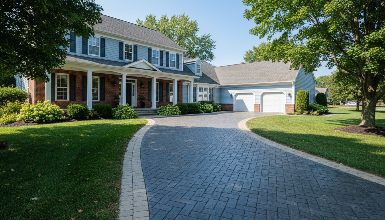 Two-story brick and siding home with columned front porch, white garage doors, curved paver driveway, and mature landscaping in suburban Cincinnati neighborhood