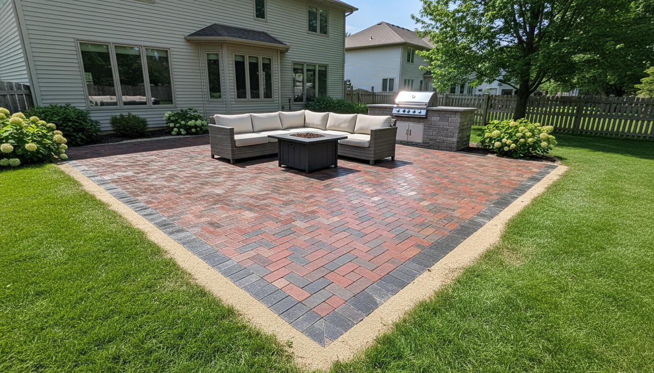 Brick paver patio with sectional seating, fire pit table, and built-in grill in residential backyard