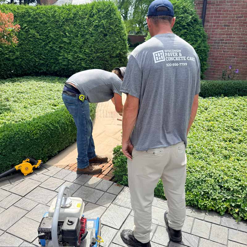 Two workers from Wisconsin Paver & Concrete Care inspecting and working on a brick patio with landscaping and hedges in background